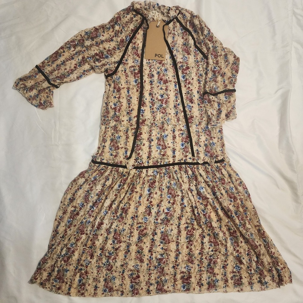 POL Floral Boho Midi Tie Neck Cottage Earthy Sz Small Dress Unlined‎ NWT